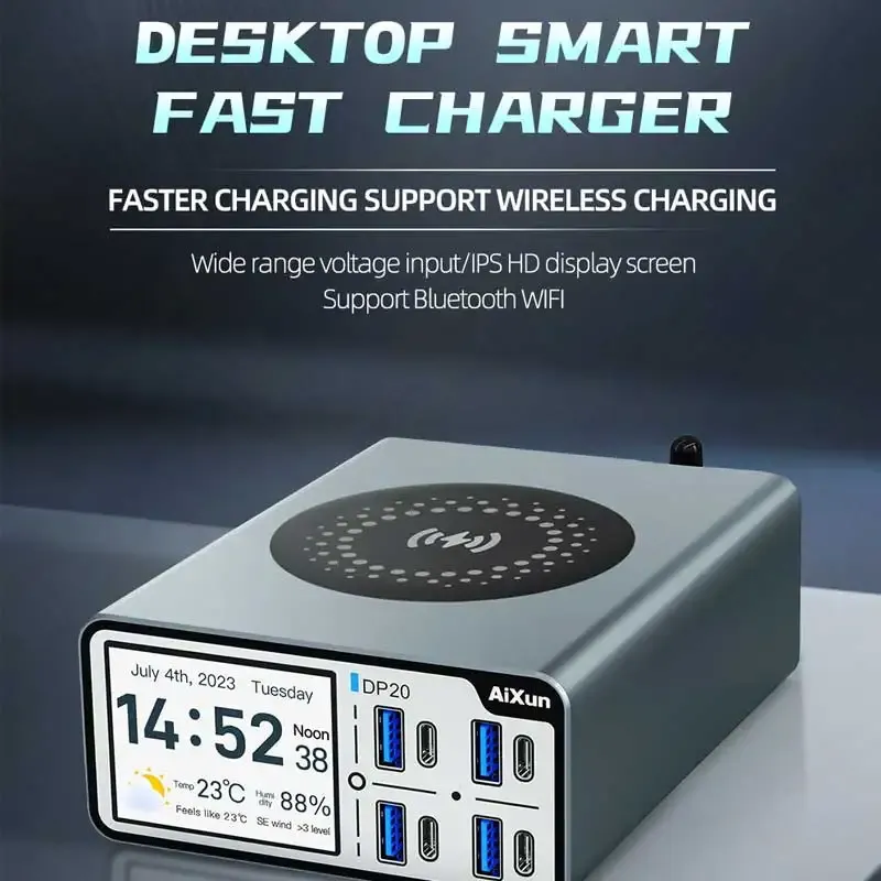 JCID AIXUN DP20 200W Desktop Intelligence Fast Charger 15W Wireless Charging 2.4 Inch HD Display For Mobile Phone Charging