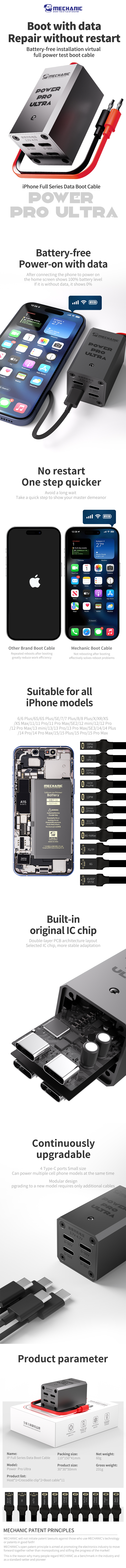 MECHANIC Power Pro Ultra Power Supply Test Cable Type-C Input with 11 FPC Flex One-key Start Boot Line for iPhone 6-15 Pro Max